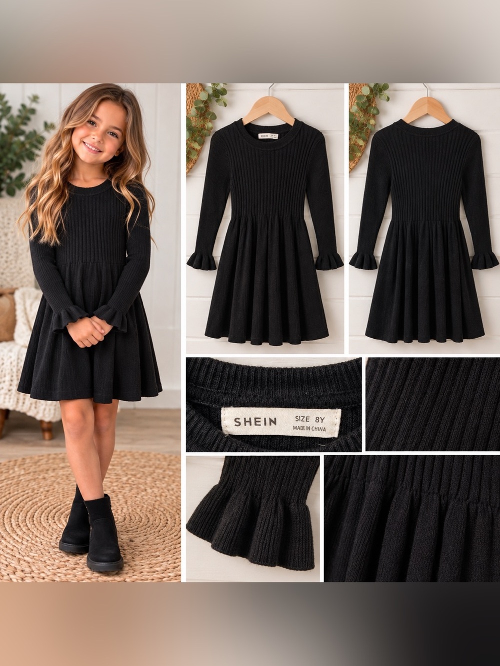 Girls Black Ribbed Knit Dress 🖤 Size 8